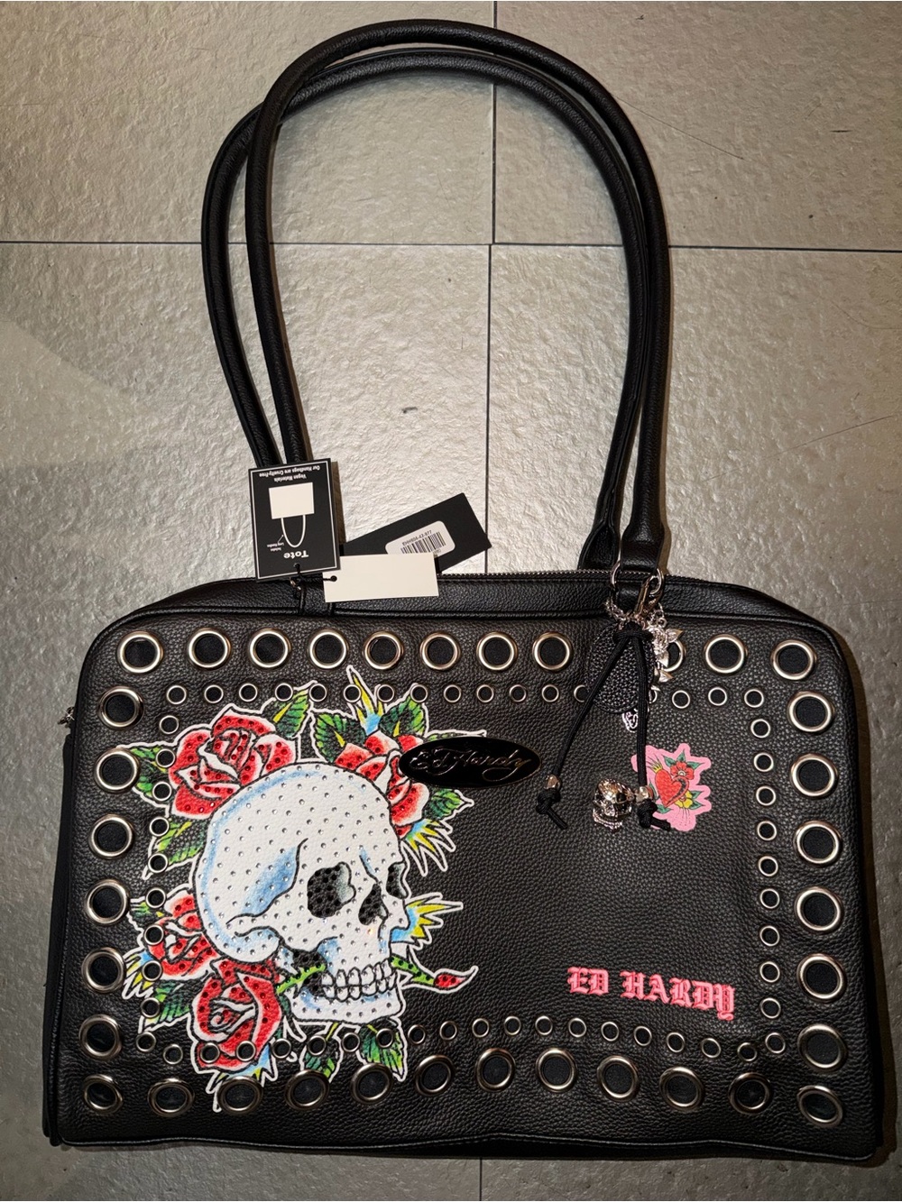 Ed Hardy Black Tote with Skull & Red Rose Artwork